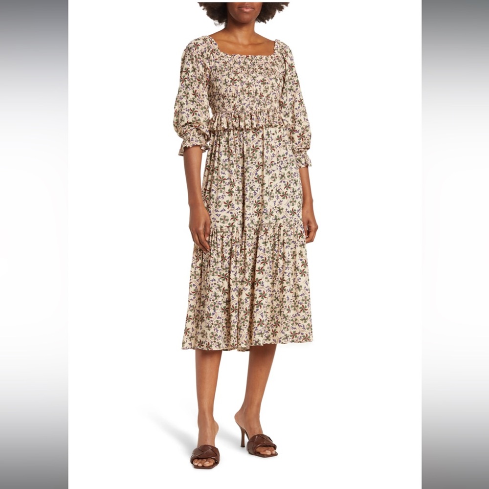 Patrons of Peace Echo Lake Smocked Midi Dress V Neck Floral Print Size Small